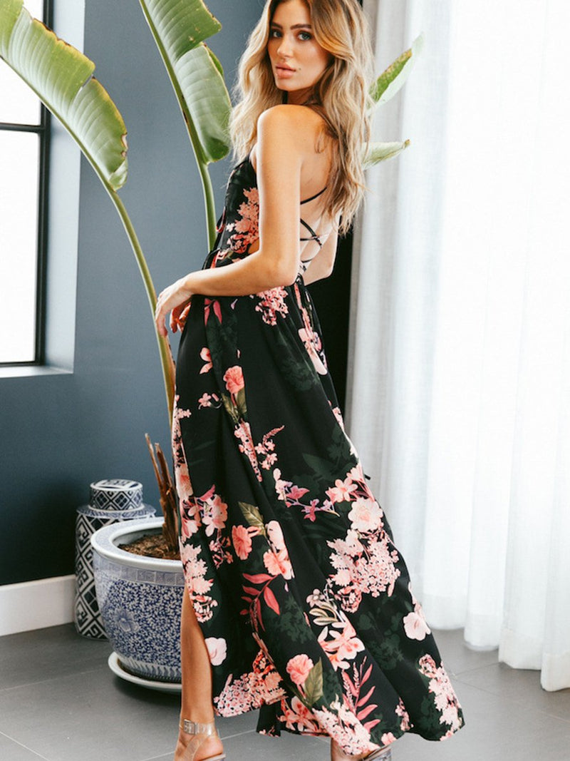 Blumen Gedruckt V-Ausschnitt Rückenfrei Maxi Kleid - CA Mode