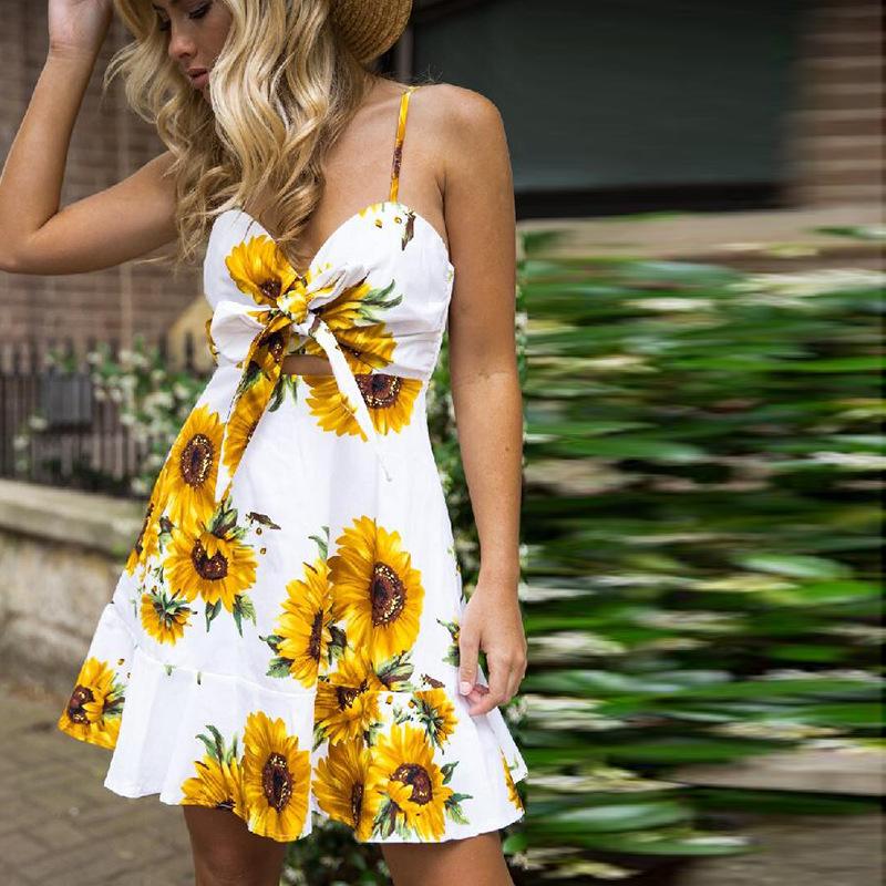 Ärmellos Blumen Gedruckt V-Ausschnitt Mini Kleid - CA Mode