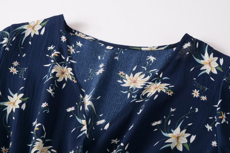 Kurzarm Blumen Gedruckt V-Ausschnitt Midi Kleid