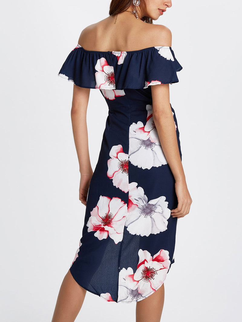 Damen Kurzarm Blumen Gedruckt Schulterfrei Midi Kleid - CA Mode