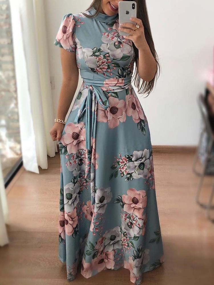 Kurzarm Blumen Gedruckt Maxi Kleid