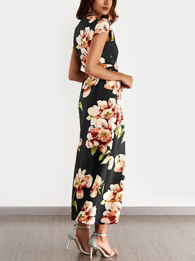 Kurzarm Blumen Gedruckt V-Ausschnitt Maxi Kleid - CA Mode
