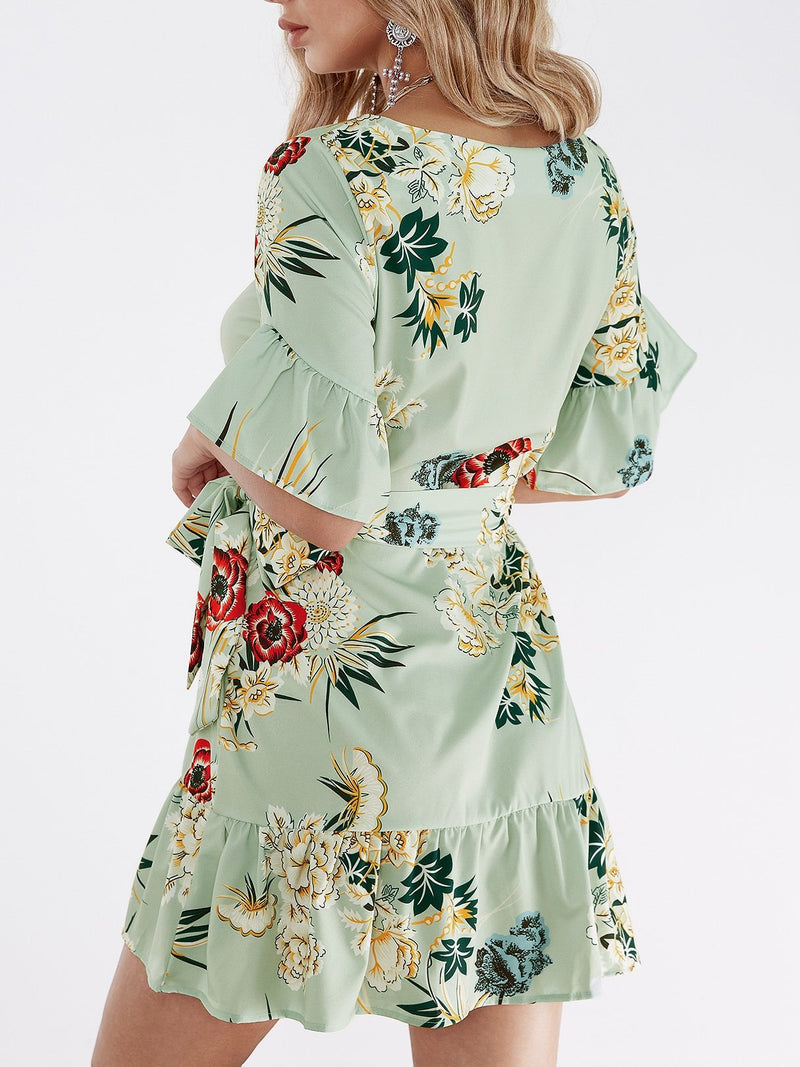 Halbe Hülse Blumen Gedruckt Rundhalsausschnitt Mini Kleid - CA Mode