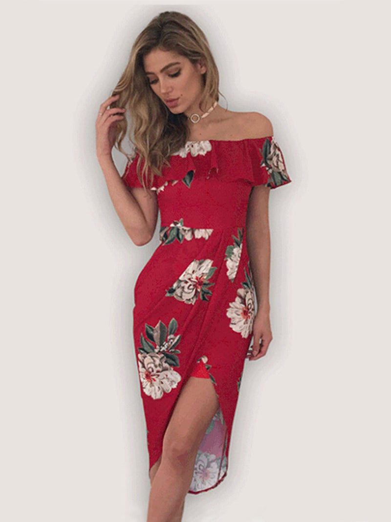 Ärmellos Blumen Gedruckt Schulterfrei Rot Kleid - CA Mode