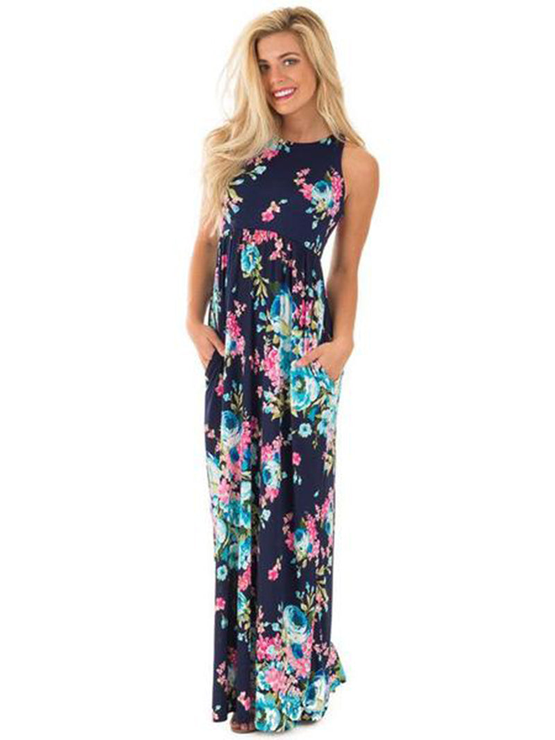 Ärmellos Blumen Gedruckt Sommer Blau Maxi Kleid - CA Mode