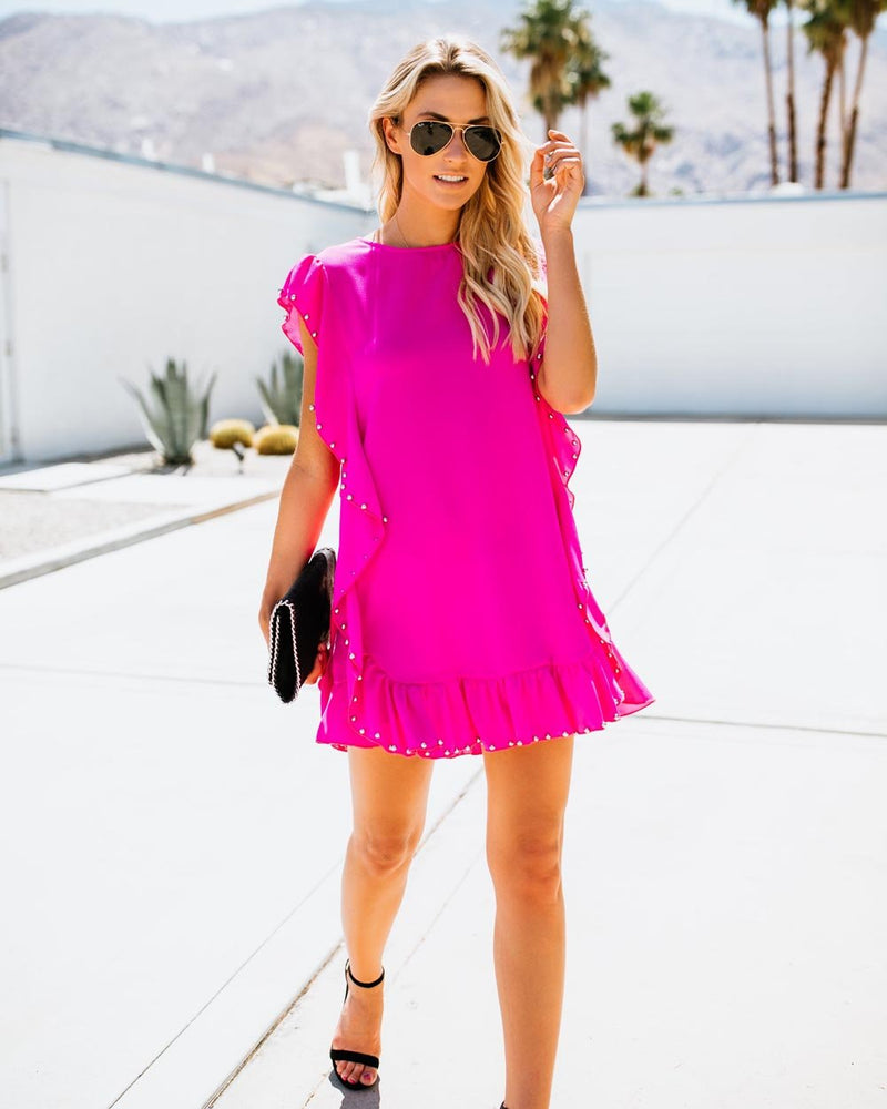 Ärmellos Beiläufig Sommer Rüschen Mini Kleid Rosa - CA Mode