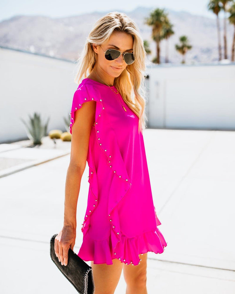 Ärmellos Beiläufig Sommer Rüschen Mini Kleid Rosa - CA Mode