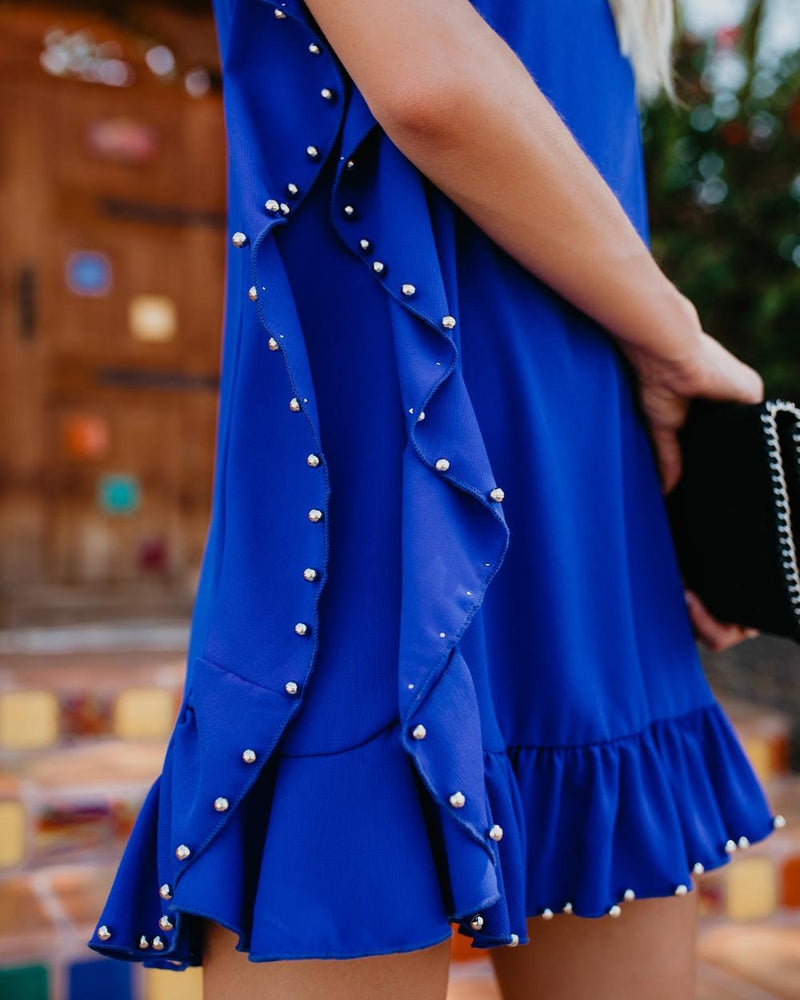 Ärmellos Beiläufig Sommer Rüschen Mini Kleid Blau - CA Mode