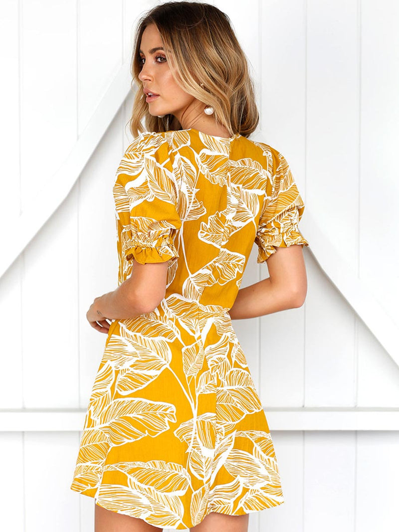 Blumen Gedruckt Tiefer V-Ausschnitt Mini Kleid Gelb - CA Mode