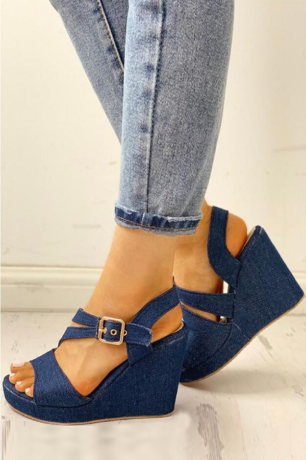 Buckles Cross Denim Wedges