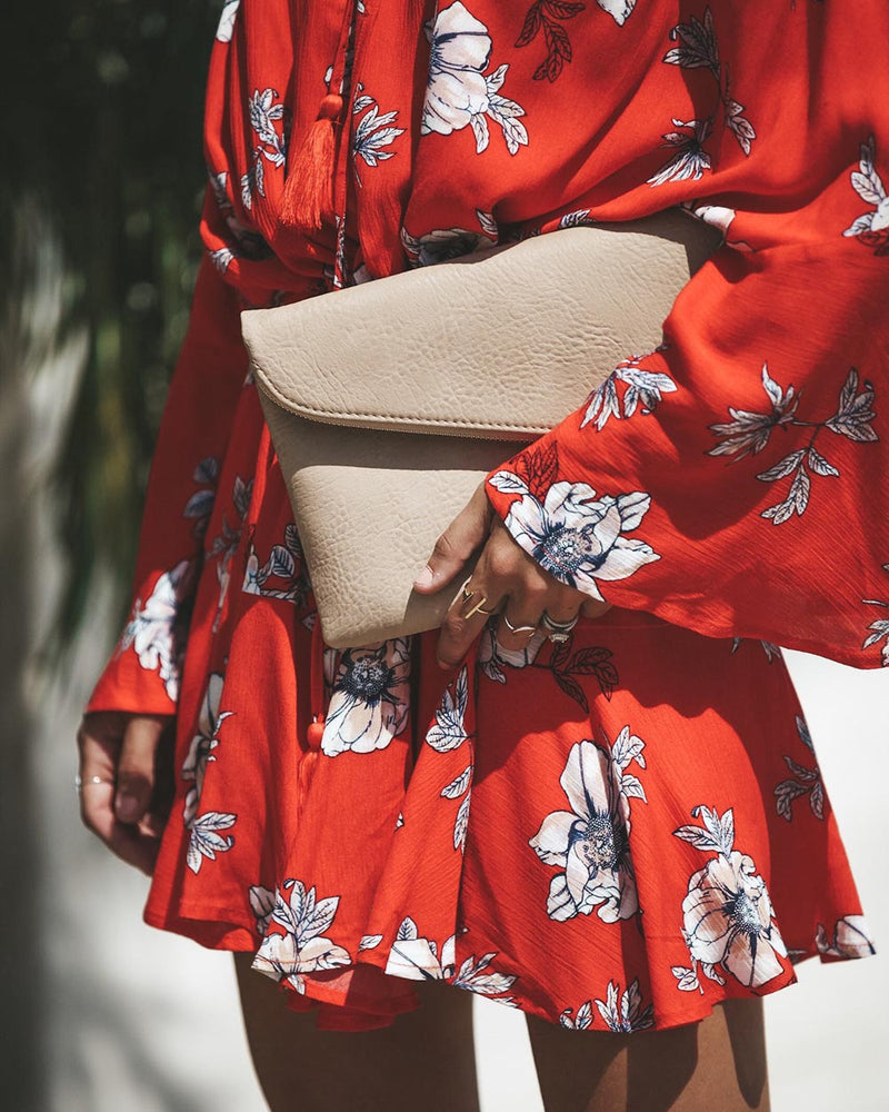 Blumen Gedruckt Weg Von Der Schulter Rot Mini Kleid - CA Mode