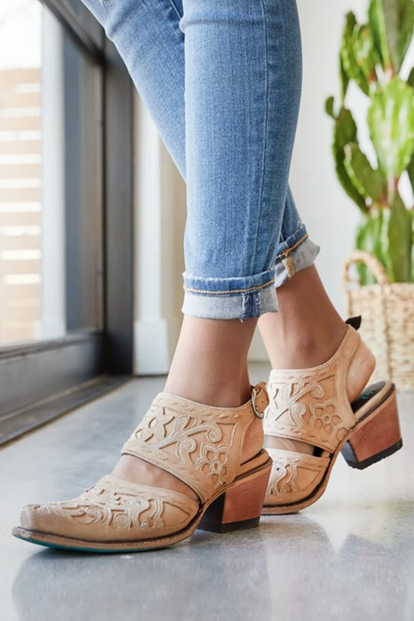 Etching Cut Out Chunky Heels Ankle Mule Boots