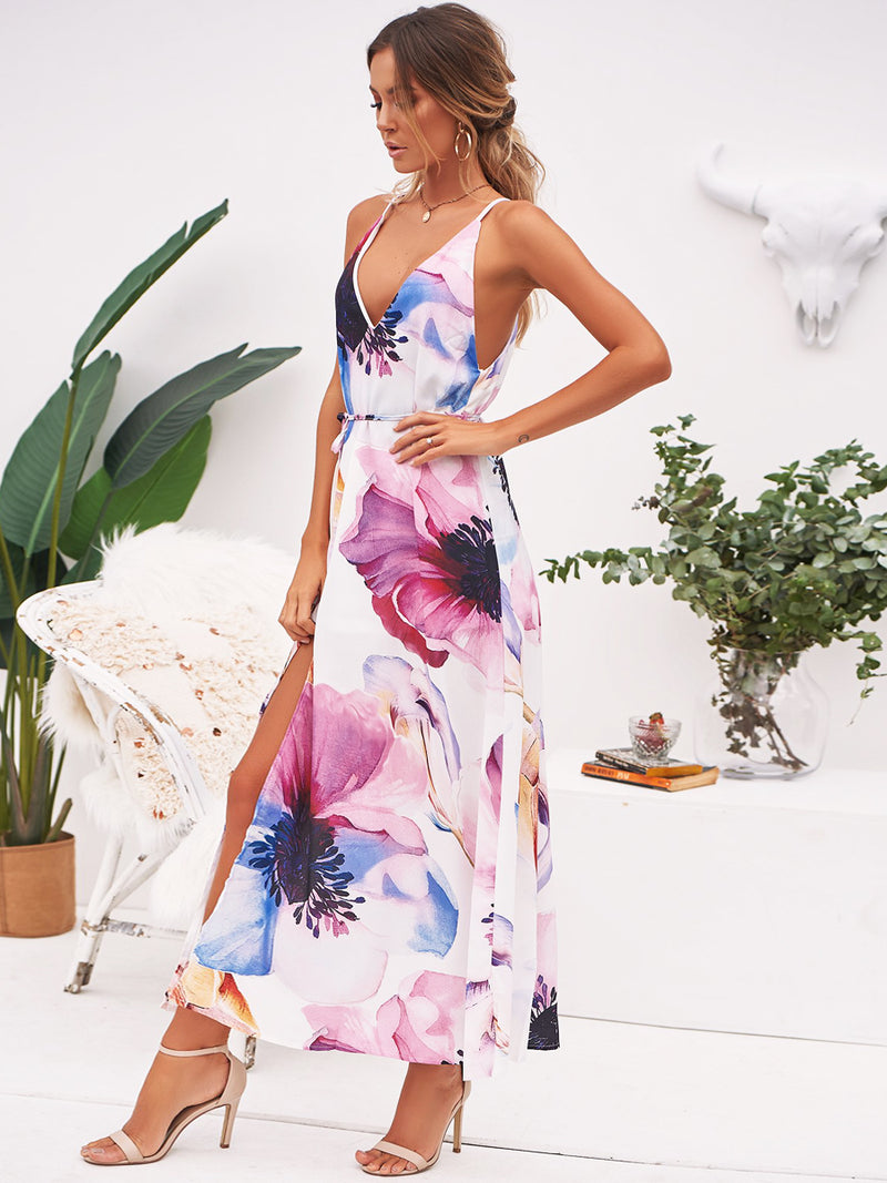 Ärmellos Blumen Gedruckt Sexy Unregelmäßiger Saum Kleid - CA Mode