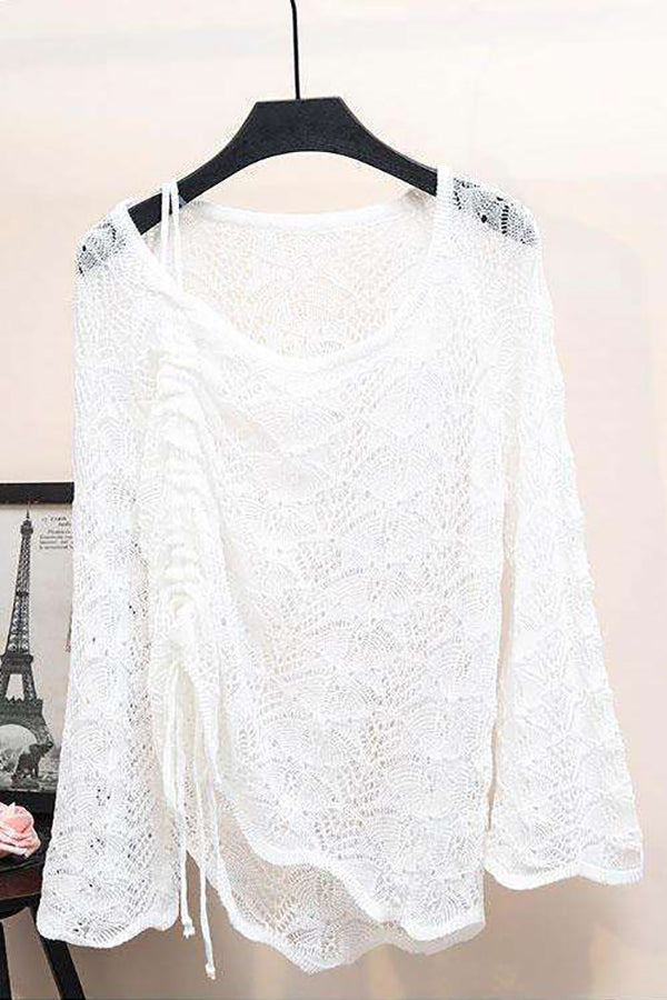 Hollow Dew Shoulder Drawstring Sweater