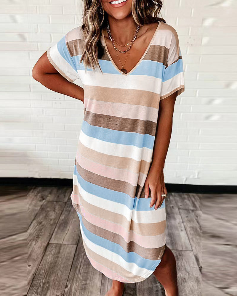 Casual V Neck Short Sleeve Color Block Dress