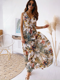 V-Ausschnitt Blumen Gedruckt Maxi Kleid