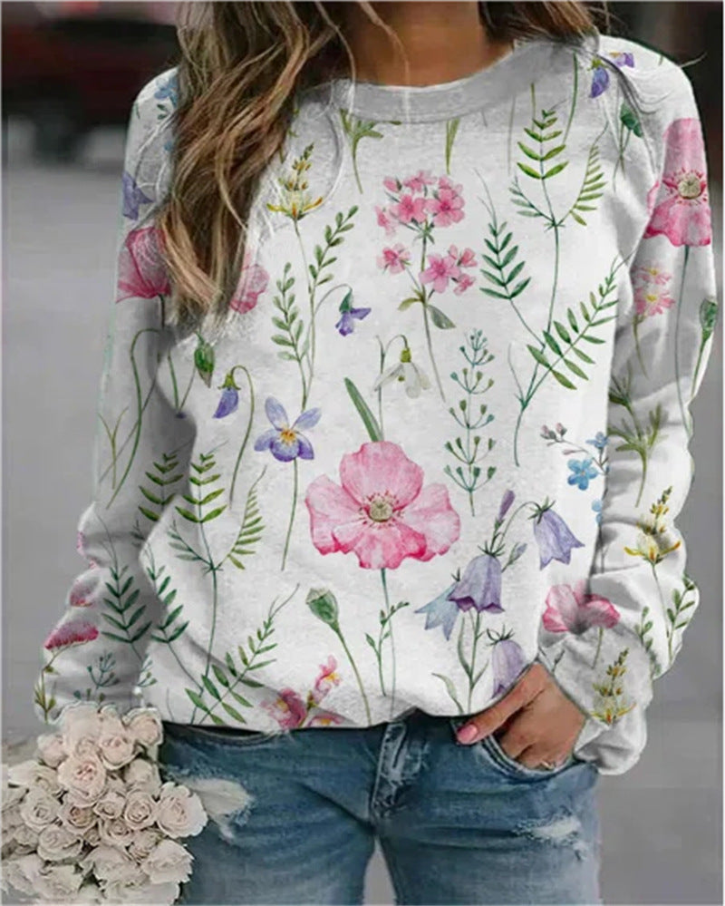 Rundhalsausschnitt und Blumendruck Sweatshirt
