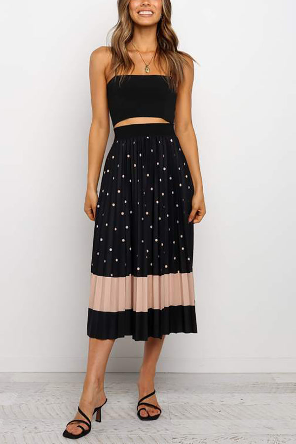 Polka Dot Color Block Pleated Midi Dress