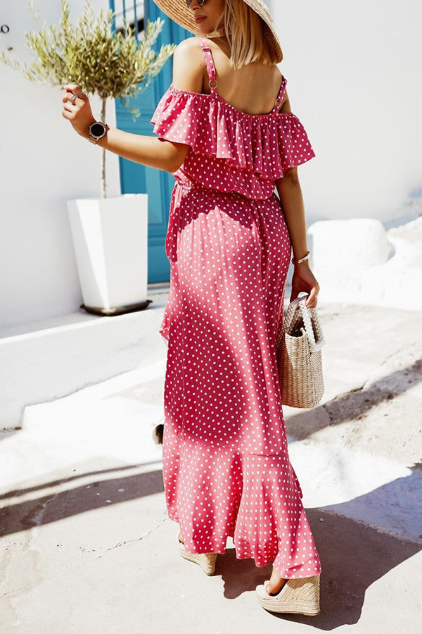 Dot Ruffles Off Shoulder Irregularity Maxi Dress