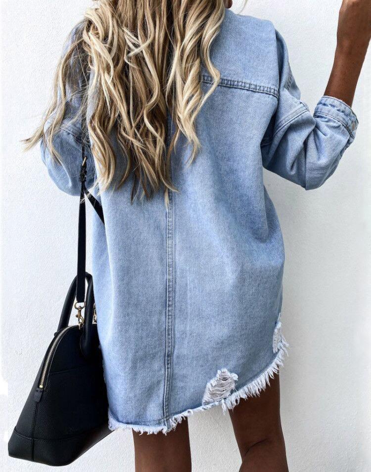 Long Sleeve Denim Jean Dress Button Down Casual Top