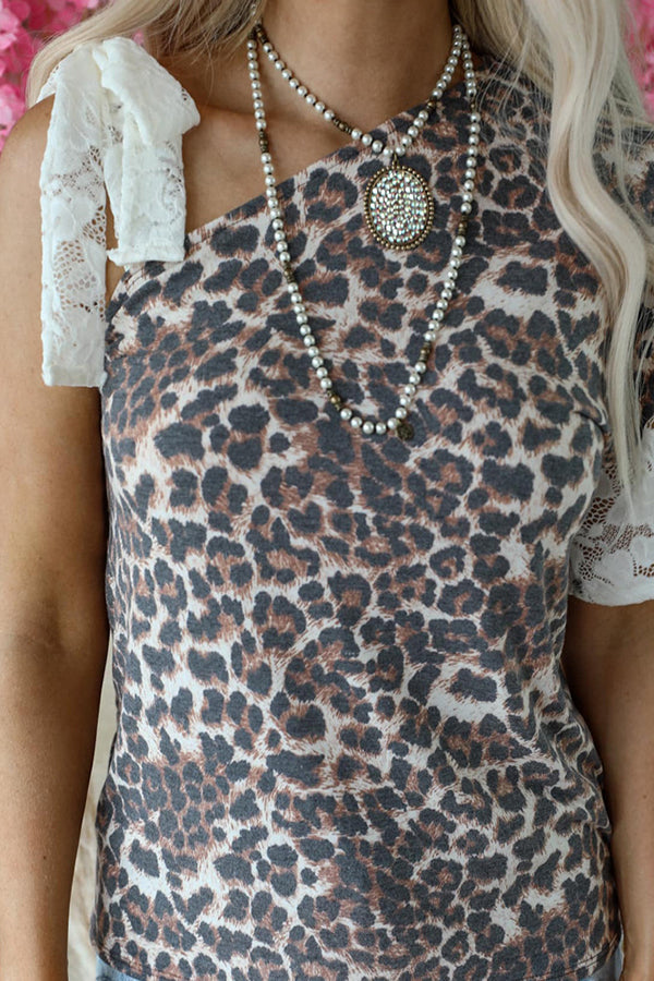 Lace Tie Leopard Short Sleeve T Shirt