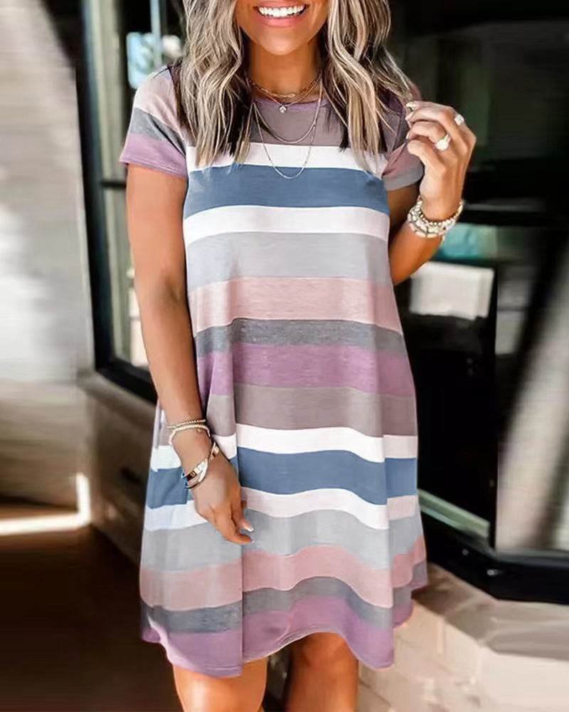 Casual Loose Color Block Round Neck Dress