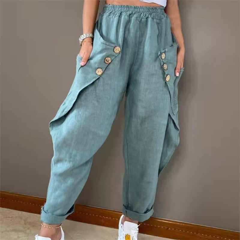 Side Pocket Elastic Waist Solid Color Long Pants