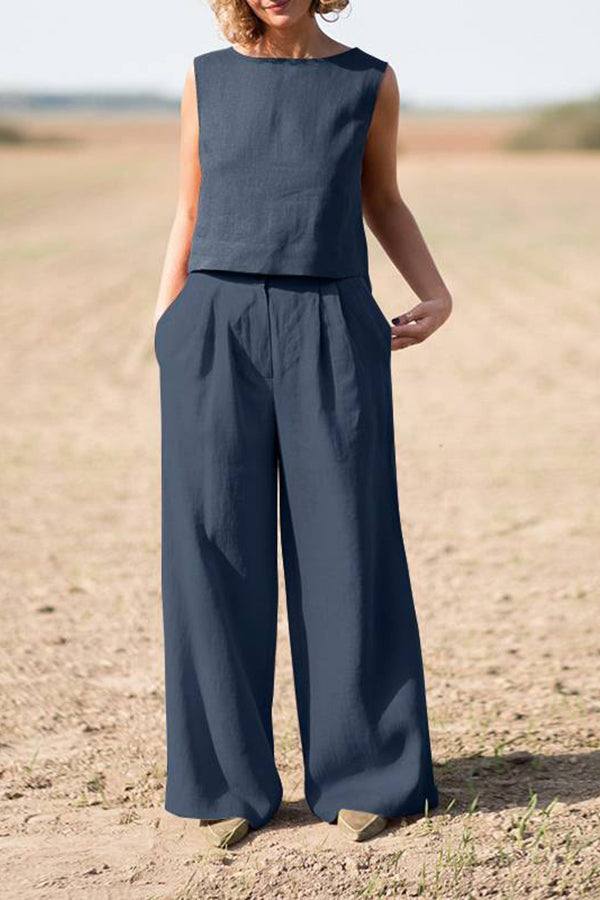 Solid Sleeveless Blouse Pants Set