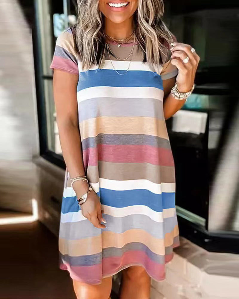 Casual Loose Color Block Round Neck Dress