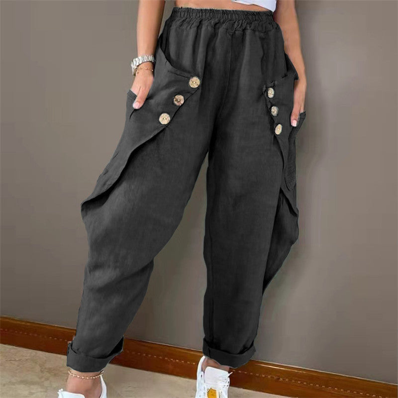 Side Pocket Elastic Waist Solid Color Long Pants