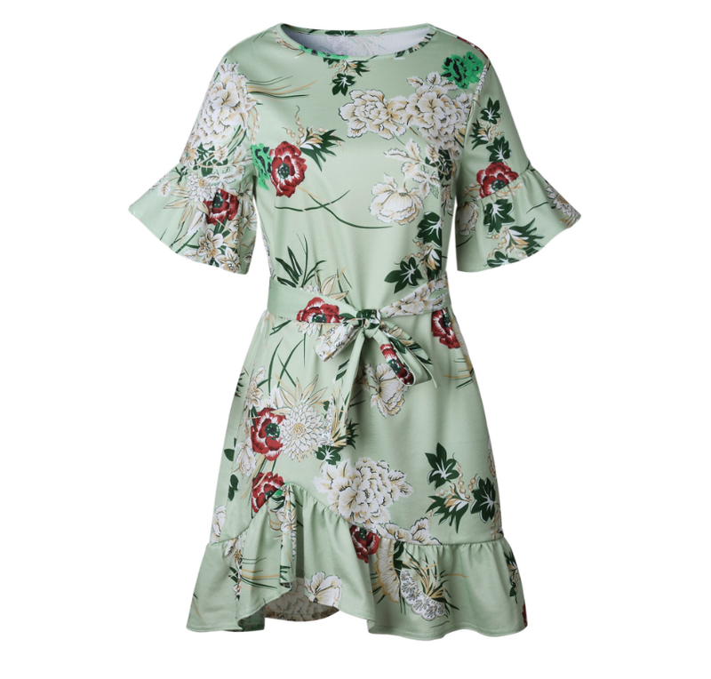 Kurzarm Blumen Gedruckt Rundhalsausschnitt Grün Kleid - CA Mode