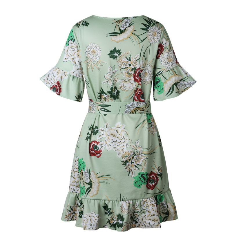 Kurzarm Blumen Gedruckt Rundhalsausschnitt Grün Kleid - CA Mode