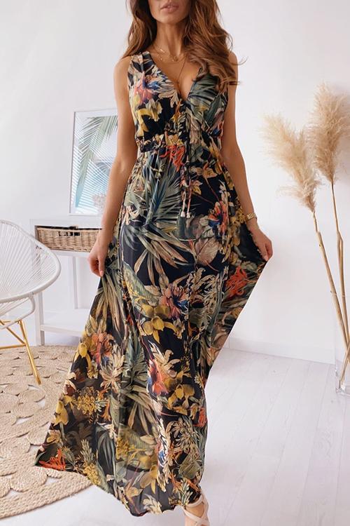 V-Ausschnitt Blumen Gedruckt Maxi Kleid