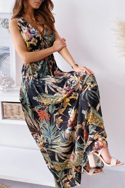 V-Ausschnitt Blumen Gedruckt Maxi Kleid