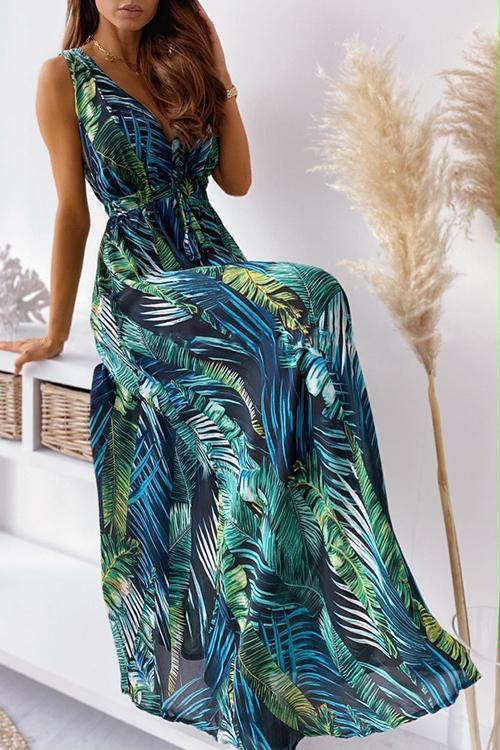 V-Ausschnitt Blumen Gedruckt Maxi Kleid