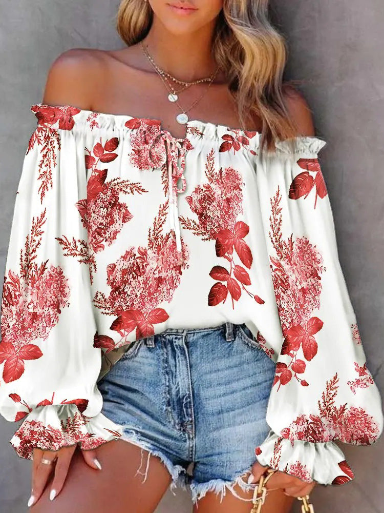 Women's Blouses One-Shoulder Flared Sleeve Lace Up Blouses
