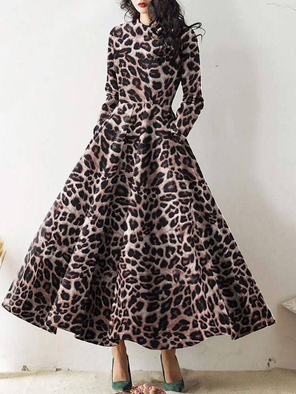 Langärmeliges Leopardenmuster Rundhalsausschnitt Kleid