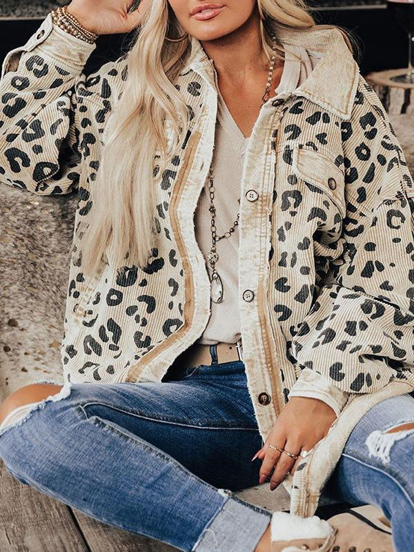 Women's Jackets Leopard Print Pocket Button Long Sleeve Jacket