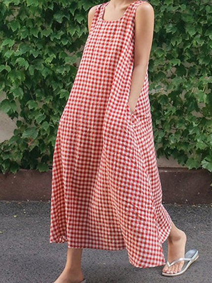 Women's Dresses Loose Check Pocket Sleeveless Maxi Dress