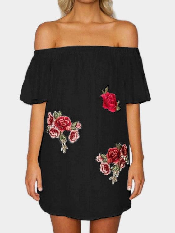 Kurzarm Blumen Gestickte Trägerloser Rückenfrei Mini Kleid - CA Mode