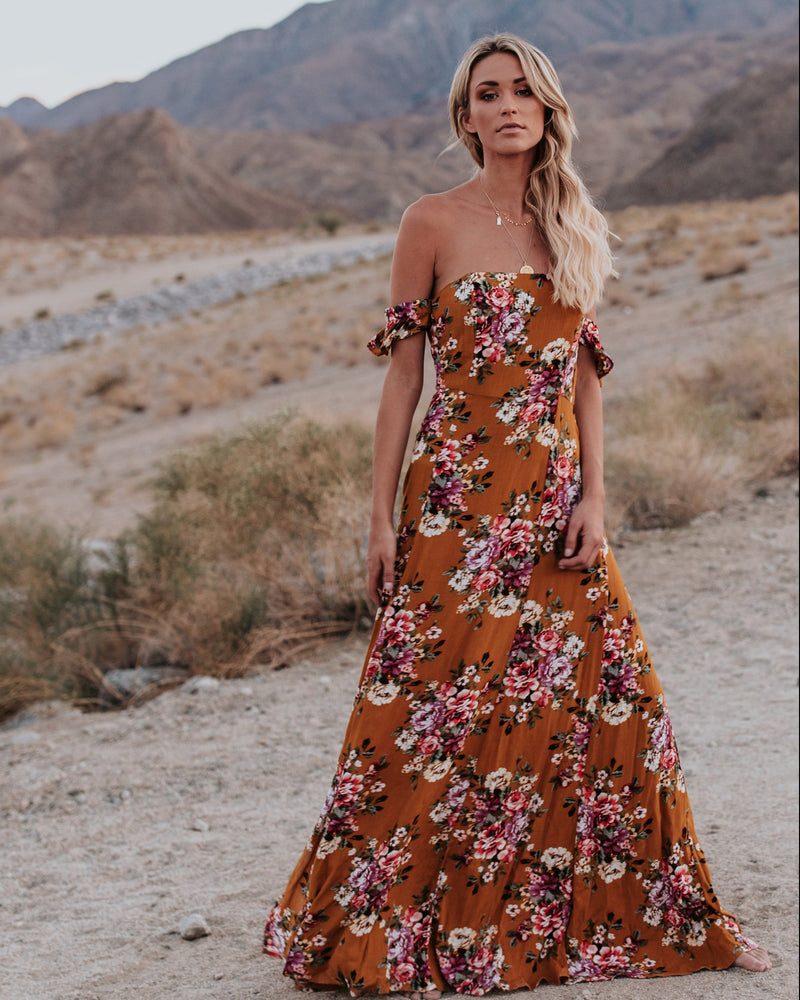 Damen Schulterfrei Blumen Gedruckt Maxi Kleid - CA Mode