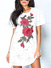 Damen Kleider Blumen Rose Stickerei Rundhals Minikleid - CA Mode