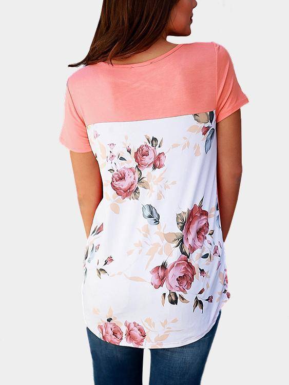 Damen Kurzarm Blumen Gedruckt U-Ausschnitt T-shirt - CA Mode