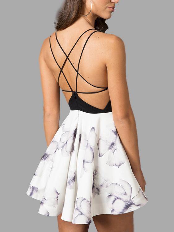 Ärmellos Blumen Gedruckt V-Ausschnitt Rückenfrei Mini Kleid - CA Mode