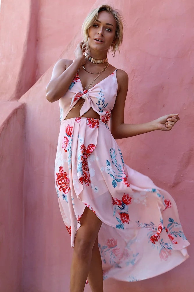 Ärmellos Blumen Gedruckt Unregelmäßiger Saum Kleid Pink - CA Mode