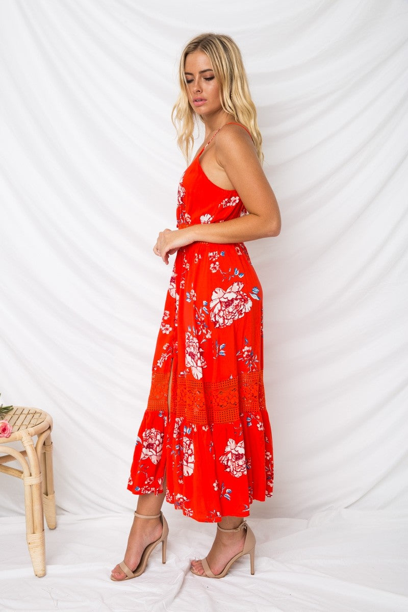 Elegant Ärmellos Blumen Gedruckt V-Ausschnitt Kleid Rot - CA Mode