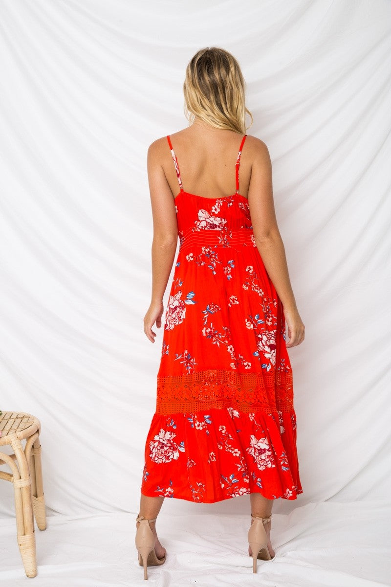 Damen Ärmellos Blumen Gedruckt V-Ausschnitt Kleid Rot - CA Mode