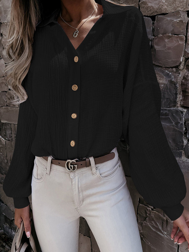 Women's Blouses V-Neck Button Balloon Sleeve Blouse