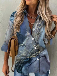 Damen Vintage Druck Revers Gebrustet Langarm Bluse