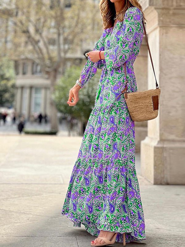 Women's Dresses Bohemian Print V-Neck Long Sleeve Dress
